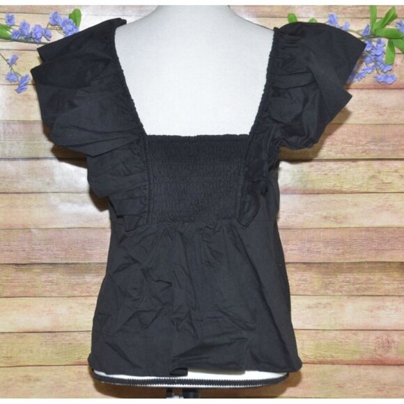 Ee:some Ladies Black Cropped Blouse Top Size L Cotton Square Neck Smocked Casual - Picture 5 of 9